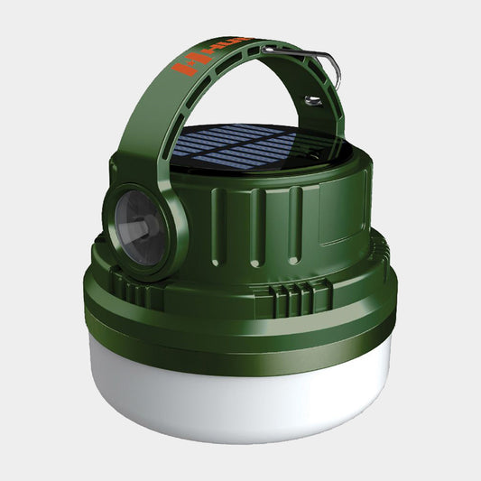 A light gray background product photo of the Humvee Solar Lantern and Power Bank with the handle up.