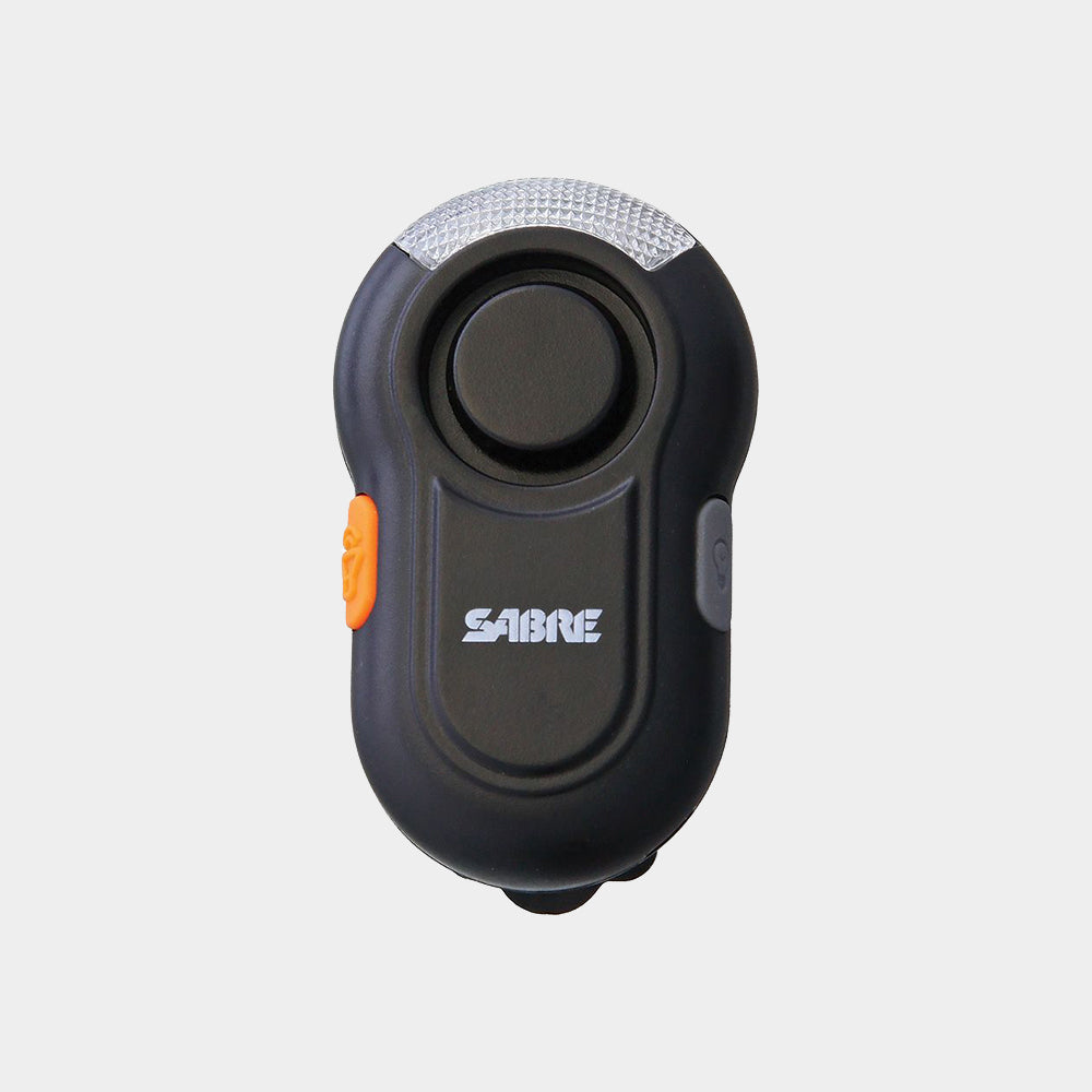 A light gray background product photo of the Sabre 2-in-1 clip-on personal alarm with LED Safety Light.